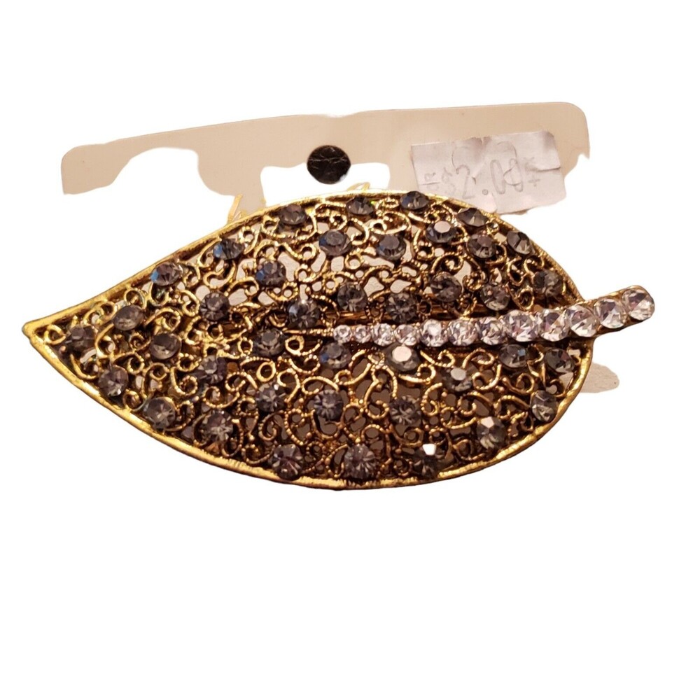 Vintage Hair Barrette Goldtone Metal w/ Black & Clear Rhinestones Leaf